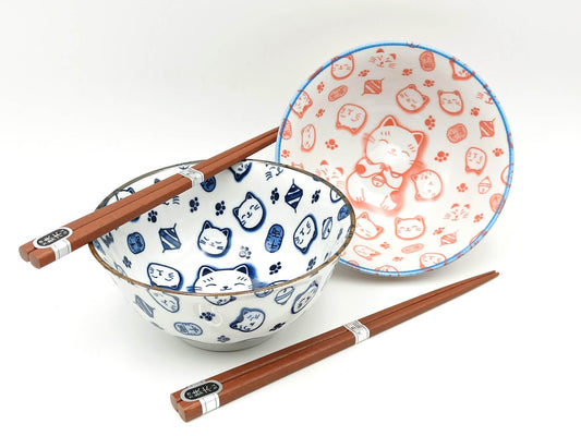 Maneki neko bowls set + chopsticks