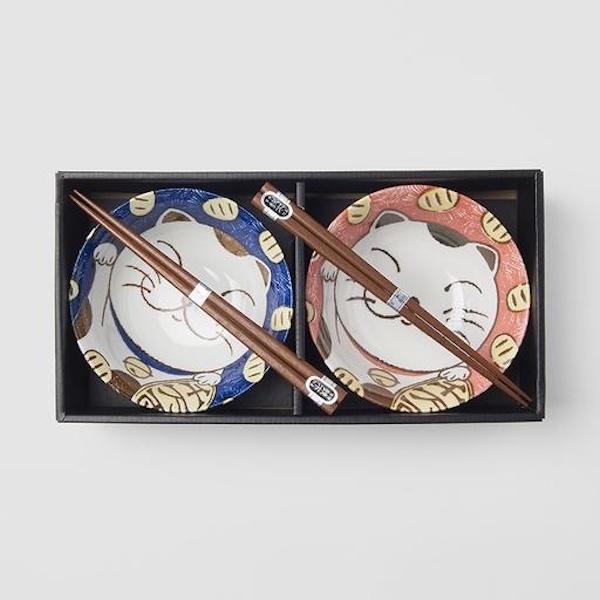 Maneki neko bowls set + chopsticks