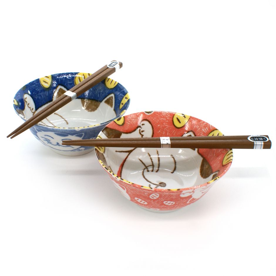 Maneki neko bowls set + chopsticks